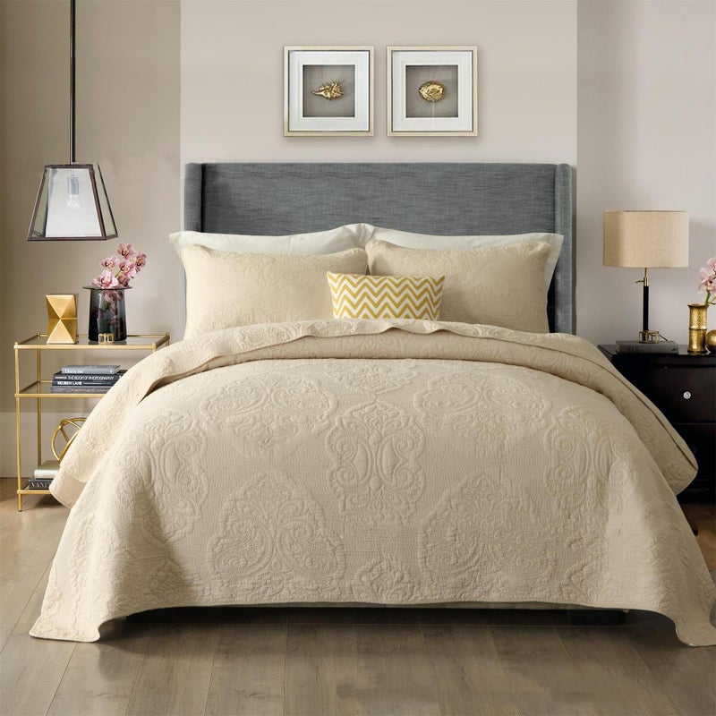 ABREEZE Cream Bedding King Size Cotton Vintage Floral Paisley Quilt Set Scalloped Comforter Bedspread Quilted Coverlet Cotton Beige Comforter King Size 3 Pieces - Image 1